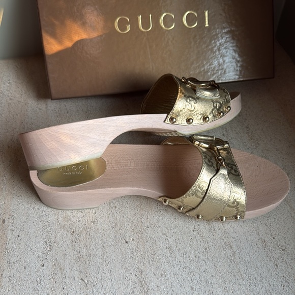 Gucci clogs wooden shoes slides size 39 hold horse bid leather metallic - Picture 3 of 7